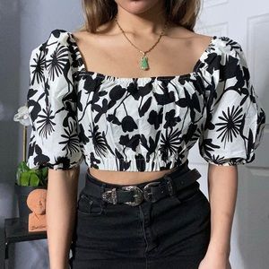 White and Black Floral Puff Sleeve Off The Shoulder Crop Top